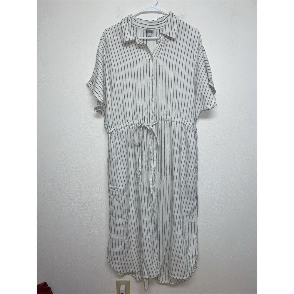 A New Day Linen Midi Shirt Dress Women Size L White Stripes Short Sleeve